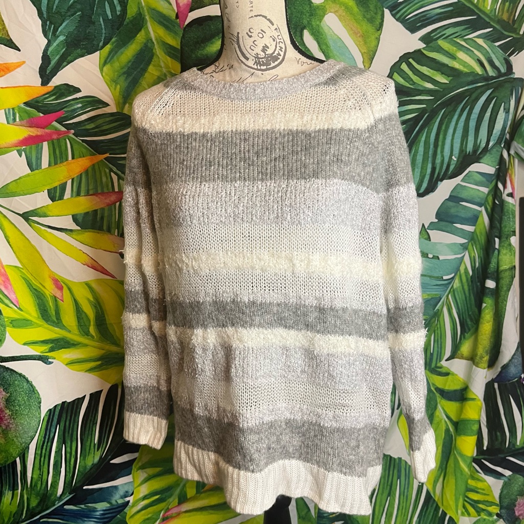 Lou & Grey Medium Grey White Loose Knit Striped Fall Winter Teacher Sweater